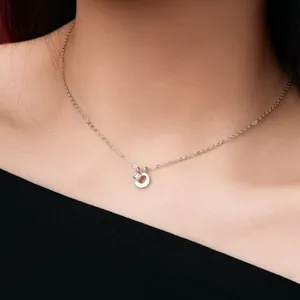 Close-up of S925 silver necklace with matte circle pendant and white zircon on neck