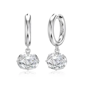 S925 sterling silver hoop earrings with oval-cut white zircon in a classic 8-prong setting