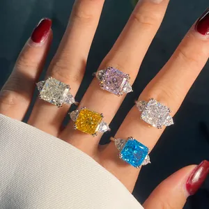 Luxurious S925 silver rings with colorful radiant cut high carbon diamonds for women