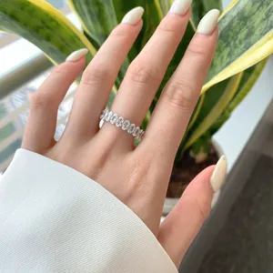 Elegantly worn silver eternity ring featuring oval-cut cubic zirconia stones on hand