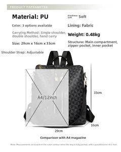 Detailed technical specifications and size comparison for the geometric print backpack