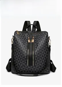 Front view of geometric print backpack with gold zippers and vertical front pockets