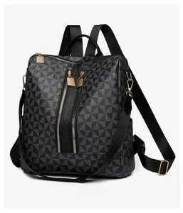 Detailed view of the geometric patterned backpack with premium gold metal zippers