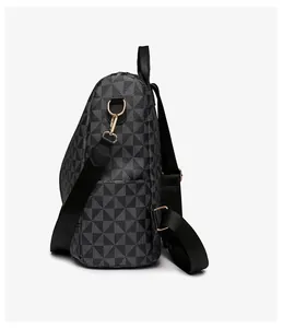 Side view of printed backpack with geometric patterns and adjustable straps