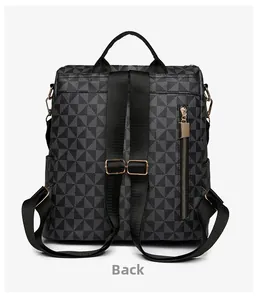 Back view of gray patterned backpack with adjustable straps and golden zipper detail