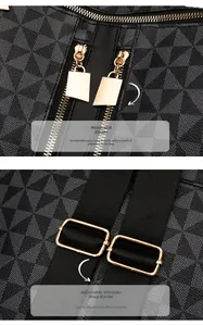 Detail of geometric pattern backpack featuring gold metal zipper and adjustable strap buckle