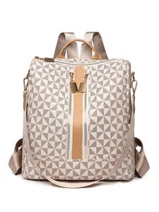 Women Geometric Triangle Printed Backpack And Handbag PU Leather Large Capacity Anti Theft Fashion Travel Rucksack