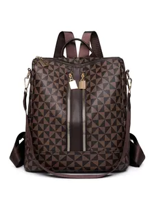 Classic vintage coffee brown geometric print backpack with gold zipper hardware