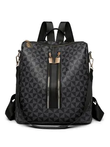 Women's trendy printed backpack with geometric pattern and golden hardware in gray