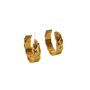 Classic 18K gold plated brass hoop earrings with an elegant rhombus texture design