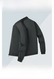 Detail view of black bomber jacket with ribbed cuffs and side zipper pocket