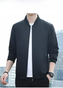 Detail of men's casual stand collar jacket with ribbed cuffs and metallic zipper