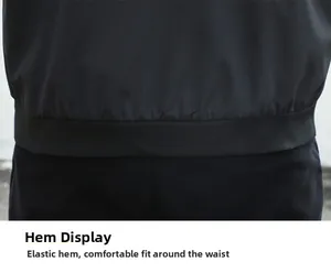 Detail of elastic ribbed hem on minimalist black jacket showing premium stitching and fabric