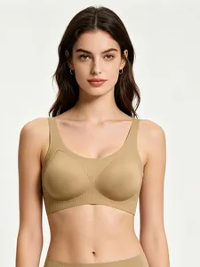Close-up of seamless nude wireless bra featuring soft support and U-back design