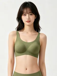 Close-up of seamless olive green lingerie set with rib-knit texture and soft support