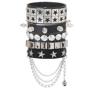 Detail of five-piece multilayer punk leather bracelet with star studs and silver chains