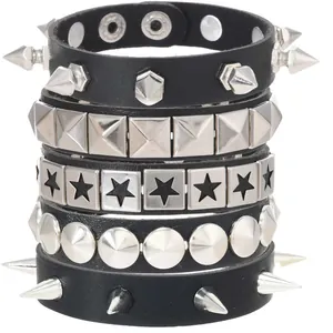 Detailed set of five black punk leather bracelets with silver metal spikes and studs