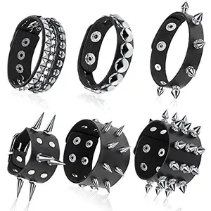 Detail of 6-piece punk rock leather bracelets set with silver rivets and snap buttons