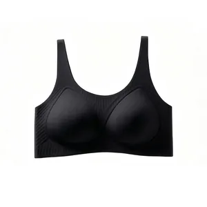 Close-up of seamless black wireless bra with ribbed texture and wide straps for comfort