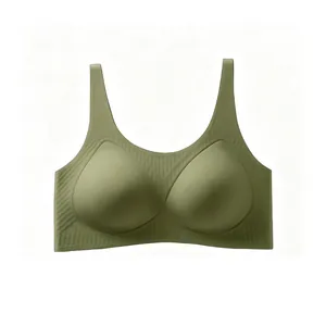 Detailed close-up of army green seamless sports bra showing striped texture and wide straps