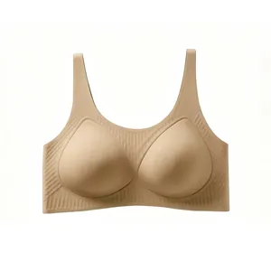 Seamless jelly strip wireless bra in nude beige with ribbed texture and U-neck design