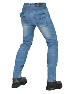 Slim fit motorcycle riding jeans in light blue with stretch accordion panels on knees