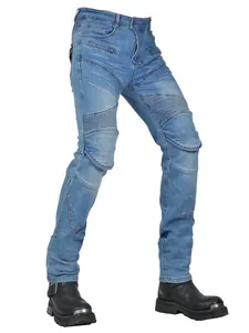 Slim-fit light blue motorcycle racing jeans with protective knee pleats for riders