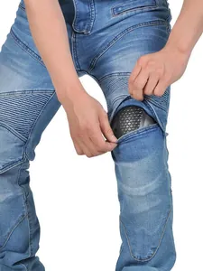 Blue slim fit motorcycle racing jeans with protective knee pads and elastic flex panels