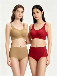 Ensemble lingerie sans couture côtelé avec soutien-gorge col U et culotte haute rouge foncé
