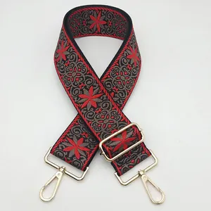 Ethnic style embroidered red and black wide adjustable bag strap with gold metal hooks