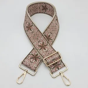 Bohemian floral embroidery wide bag strap with gold metal lobster clasps and slider