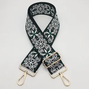 Ethnic bohemian wide purse strap in dark green and white with gold lobster clasps