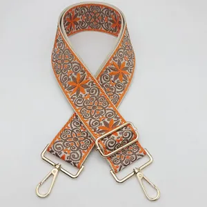 Ethnic style embroidered bag strap with orange flowers and golden metal hardware