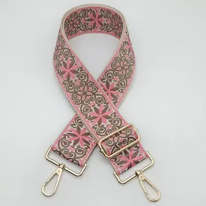 Beige wide embroidered guitar strap for handbags with floral pattern and gold hooks