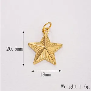 Detailed view of a gold star pendant with radial texture and dimensions 20.5mm by 18mm