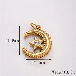 Detailed view of gold celestial crescent star pendant with dimensions 21.5mm by 17.5mm