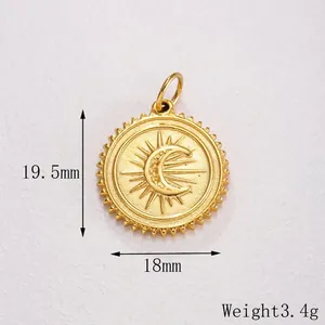 Detail view of 18mm gold celestial sun and moon pendant in stainless steel with coin edges
