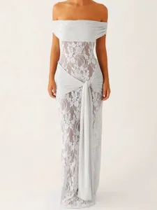 Elegant white lace off-shoulder maxi dress with long ribbon bow waist and slim fit silhouette