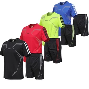 Detail view of colorful men's quick-dry sport sets with side stripes and Sport logo