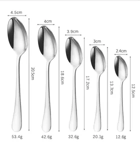 Size chart showing five polished stainless steel spoons with precise length and weight data