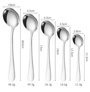 Size chart showing dimensions and weight for five stainless steel round spoons in detail