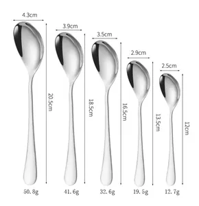 Detailed view of five sizes of polished 304 stainless steel spoons with dimensions and weight