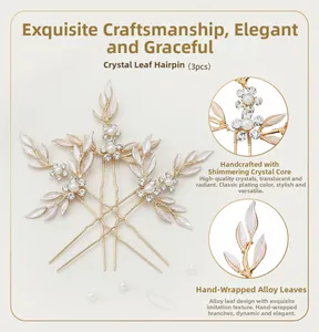 Detailed macro view of handmade bridal hair pins with pearls, rhinestones and golden leaves