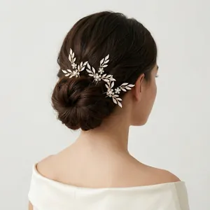 Bridal U Shaped Hairpin Handmade Alloy Faux Artificial Pearl Rhinestone Enamel Leaf Wedding Hair Accessory Elegant Women