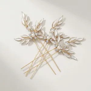 Set of 4 gold bridal hair pins with white enamel leaves, pearls and crystal rhinestones