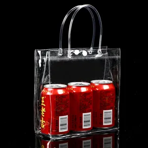Detailed view of large transparent PVC gift bag with snap closure and sturdy handles