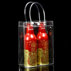 Detailed view of clear PVC gift bag with reinforced handles and snap button closure