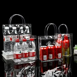 Transparent PVC gift bag showing internal capacity with bottled water and drinks