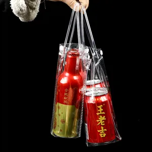 Detail of transparent PVC gift bag with handles and button closure holding beverages