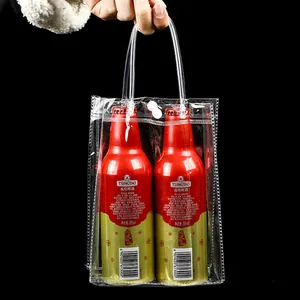 Close-up of clear PVC gift bag with handles and snap closure holding two bottles